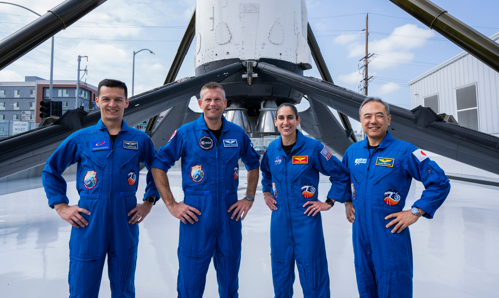 The four crew members who comprise the SpaceX Crew-7 mission pose for a photo. From left are, Mission Specialist Konstantin Borisov, Pilot Andreas Mogensen, Commander Jasmin Moghbeli, and Mission Specialist Satoshi Furukawa. Credit: SpaceX